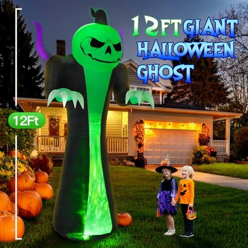 12-foot giant Halloween ghost decoration with kids in costumes