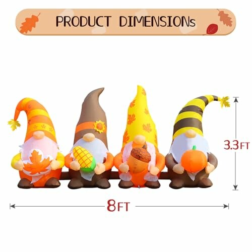 Four inflatable fall gnomes holding seasonal items with dimensions.