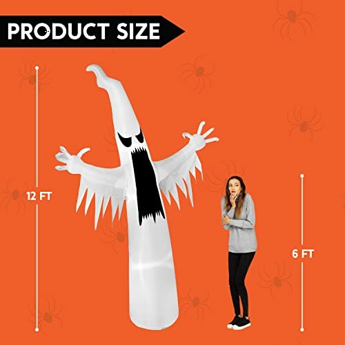 Woman standing next to a 12-foot tall inflatable ghost decoration on an orange background with spider illustrations.
