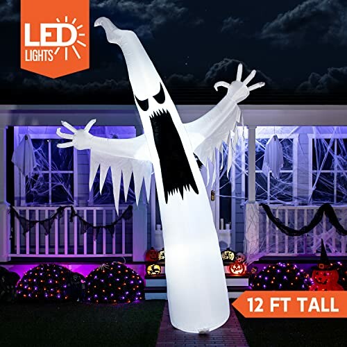 12-foot tall inflatable ghost decoration with LED lights in front of a house.