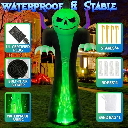 Halloween inflatable ghost with accessories and features highlighted.