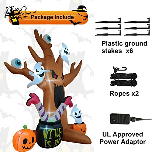 Halloween inflatable tree with ghosts and pumpkins, package includes stakes, ropes, and power adaptor.