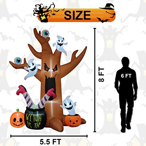 Halloween inflatable tree with ghosts and pumpkins, measuring 8 feet tall.