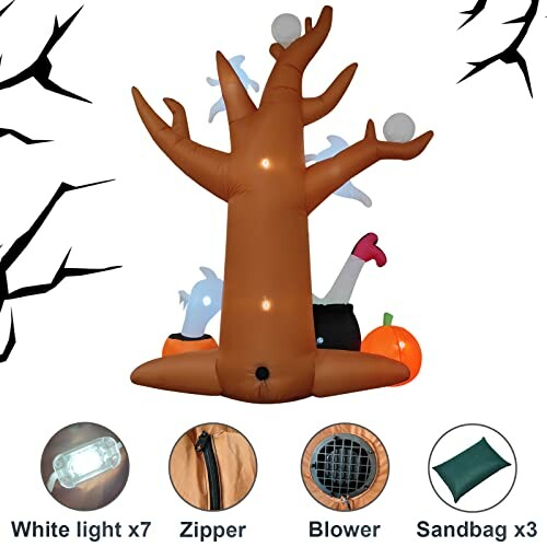Inflatable Halloween tree with ghosts, pumpkin, and witch hat.