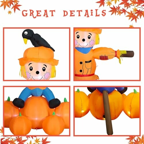 Inflatable scarecrow decoration with crow and pumpkins.