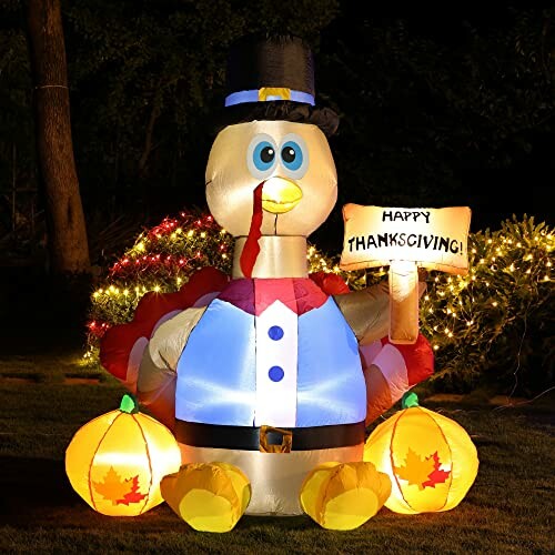 Inflatable Thanksgiving turkey with pumpkins and a 'Happy Thanksgiving' sign.
