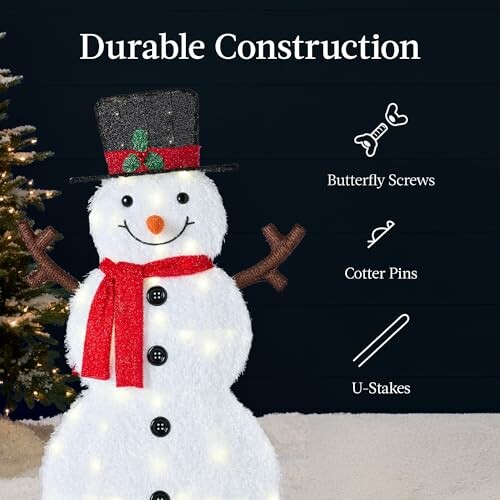 Snowman with durable construction materials: butterfly screws, cotter pins, U-stakes.
