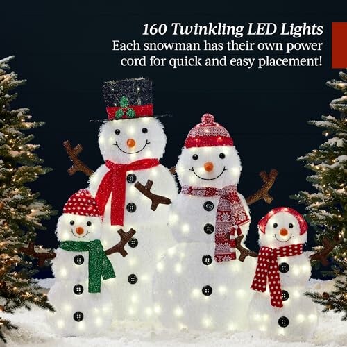 Four snowmen with LED lights and holiday decorations.