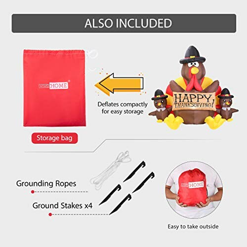 Thanksgiving inflatable decoration set with turkey, storage bag, ropes, and stakes.