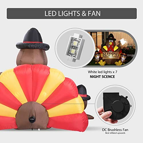 Inflatable turkey with LED lights and fan for Thanksgiving decoration.