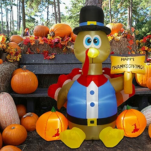 Inflatable turkey decoration with pumpkins and autumn leaves.